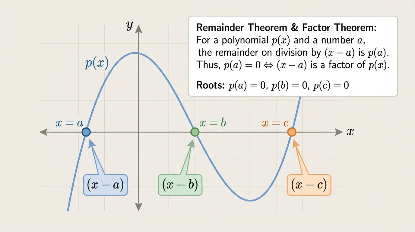 graph of a cubic with x-intercepts labeled at three roots and matching factor labels near the axis