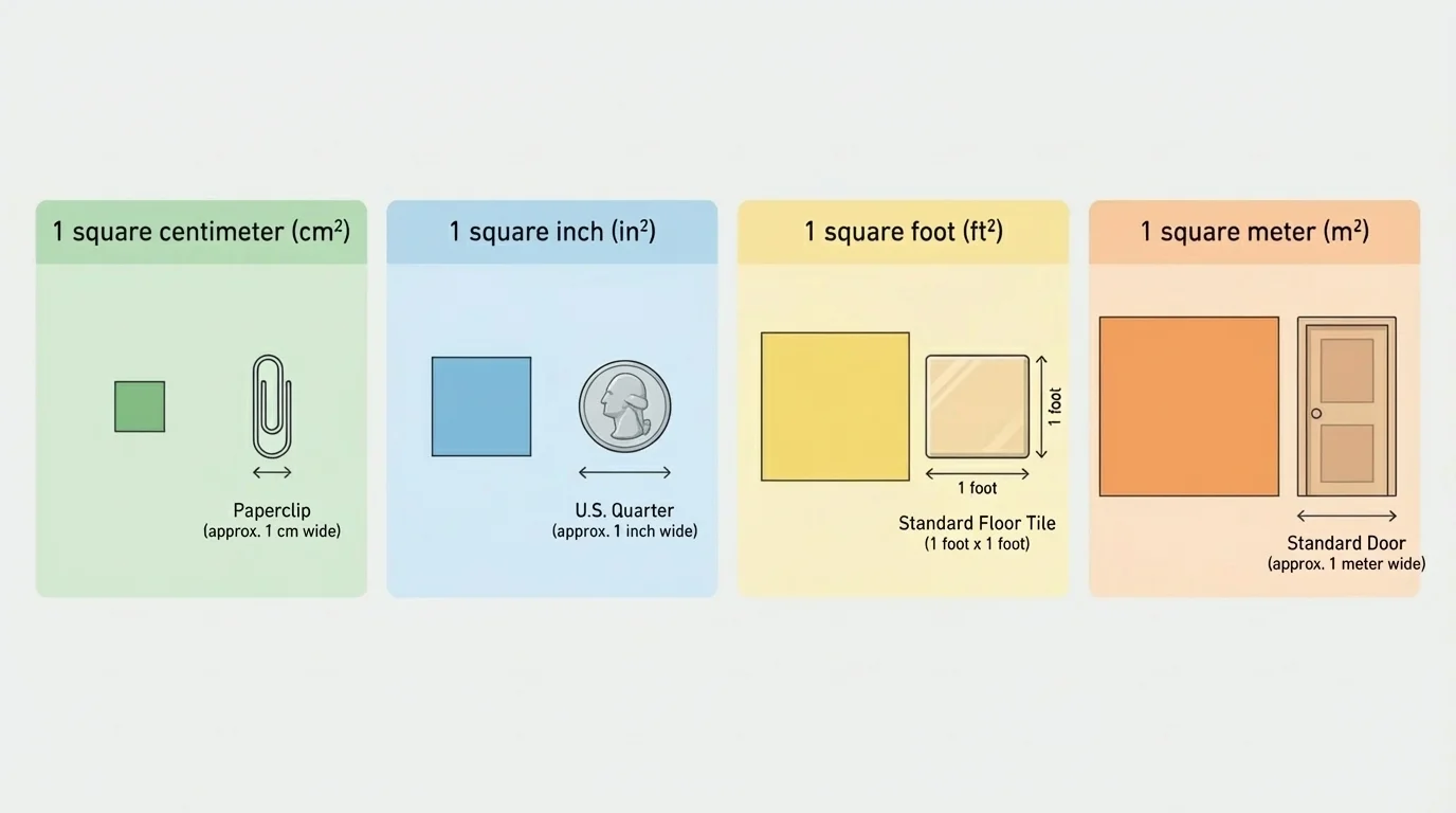 square centimeter, square meter, square inch, and square foot shown as labeled square units with simple familiar objects nearby for scale