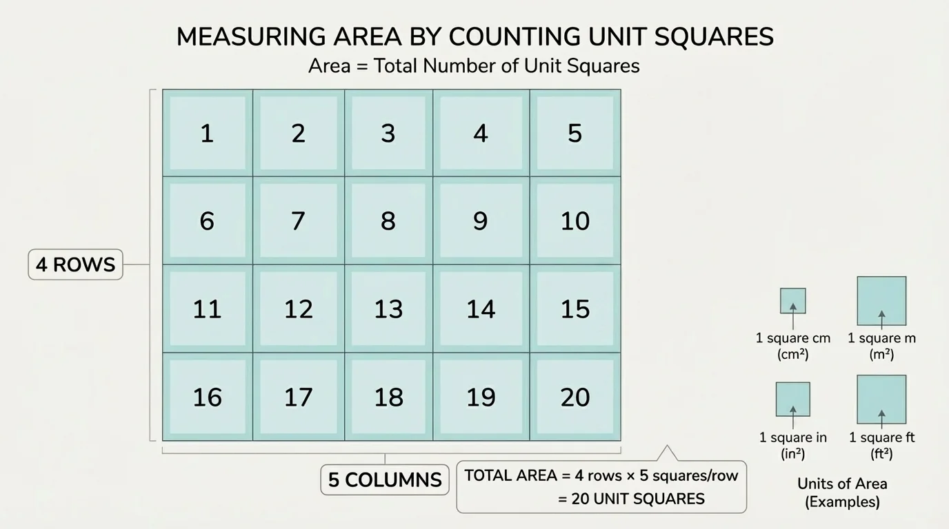 rectangle tiled with equal unit squares in 4 rows and 5 columns, with rows and columns lightly marked