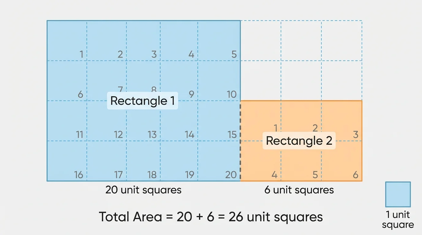 L-shaped figure split into two rectangles with each part shaded differently and unit-square grid visible