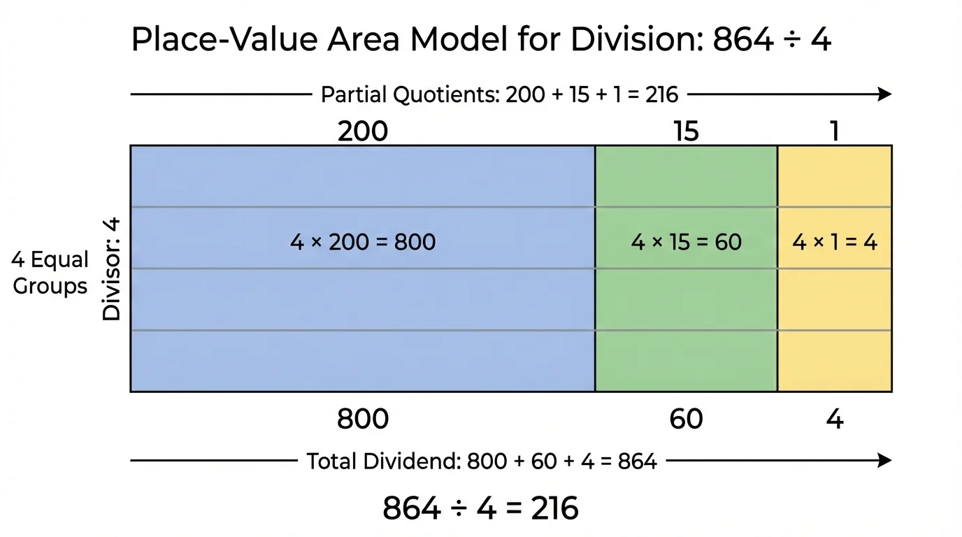 place-value area model for dividing 864 by 4 into 800, 60, and 4, showing 4 equal groups and partial quotients 200, 15, and 1