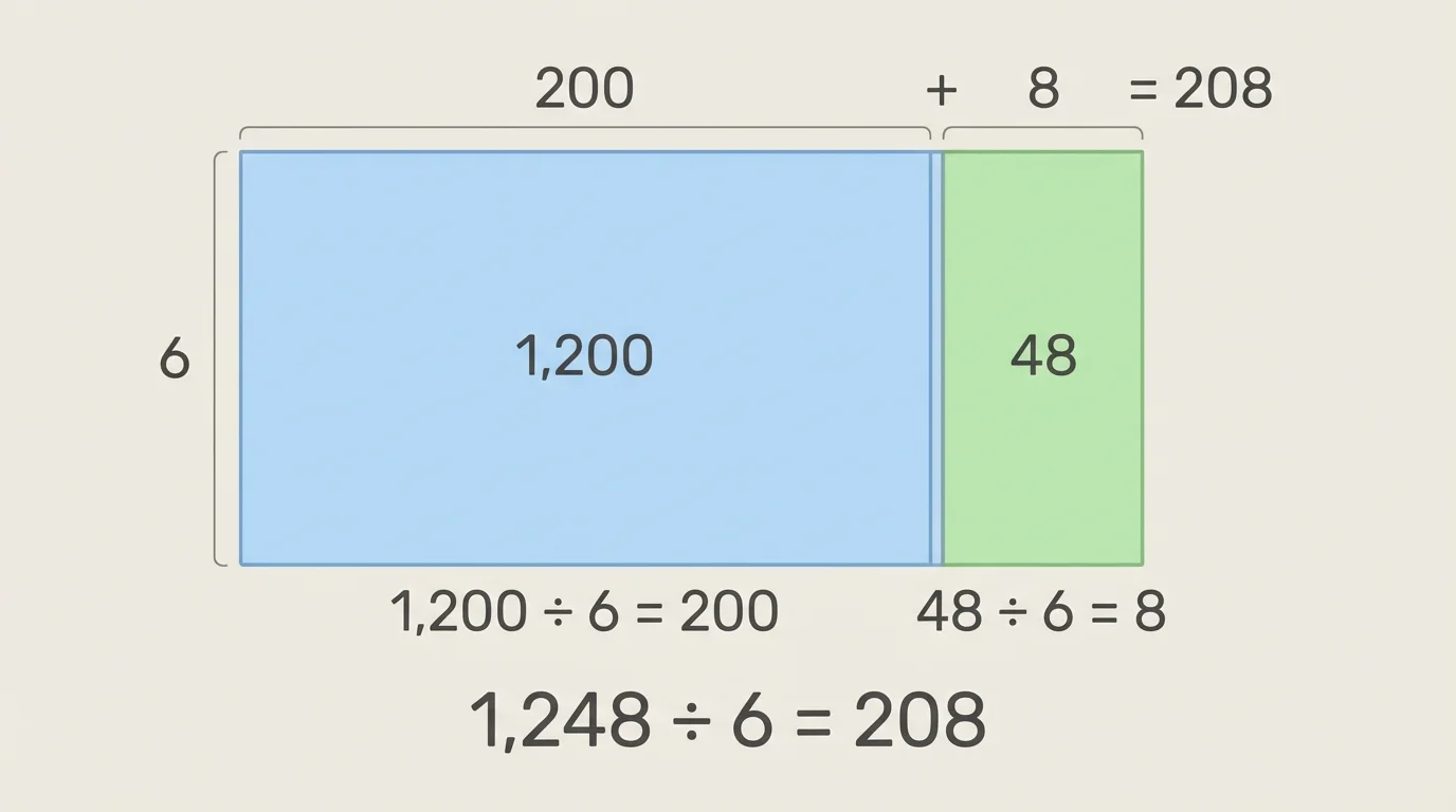 rectangle for 1,248 divided by 6, split into two sections labeled 1,200 and 48, with one side labeled 6 and the other side showing partial quotients 200 and 8