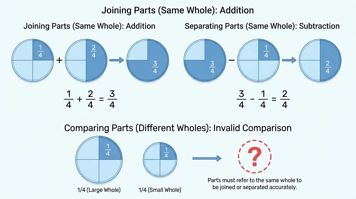 Two same-size circles and one different-size circle divided into fourths, with shaded fourths to compare equal parts from the same whole versus a different whole