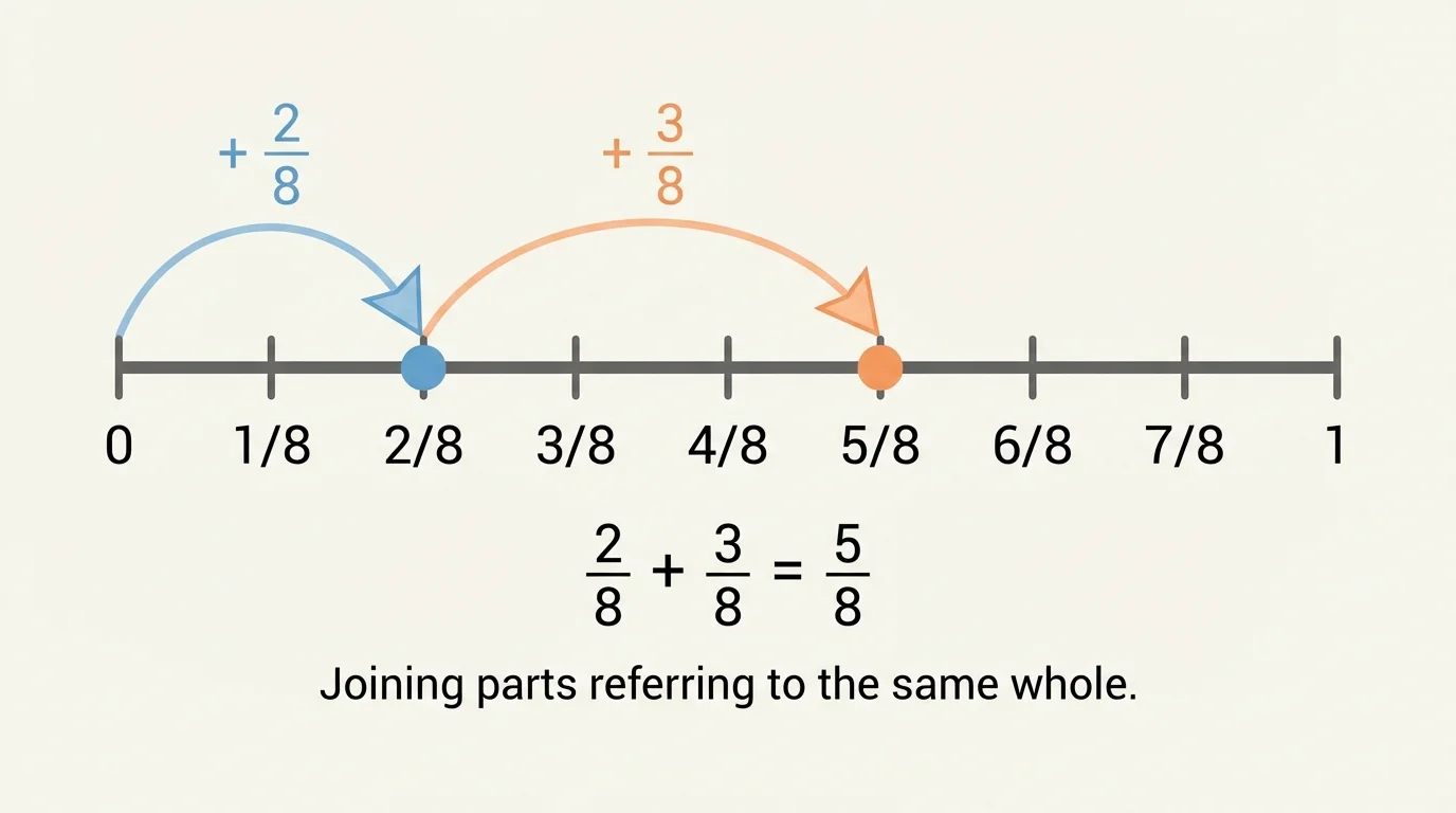 Number line from 0 to 1 marked in eighths, with a jump to two-eighths and then three more eighths to five-eighths