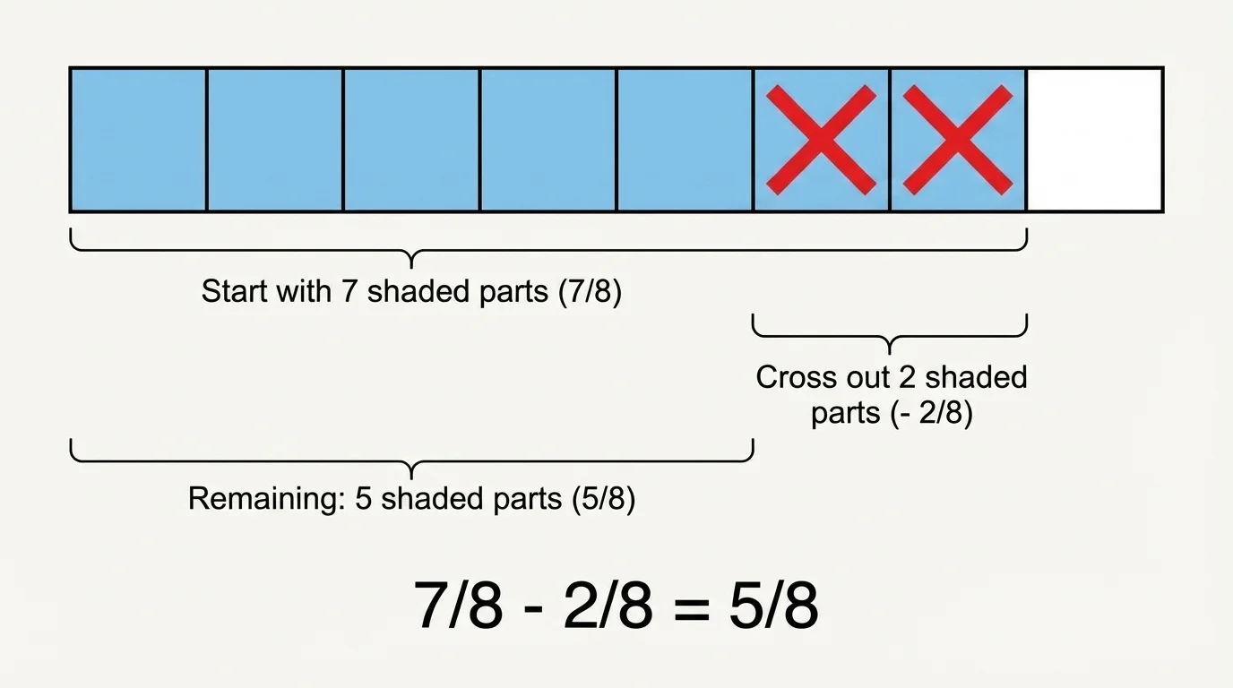 Rectangle bar divided into eighths with seven parts shaded, then two shaded parts crossed out, leaving five shaded parts