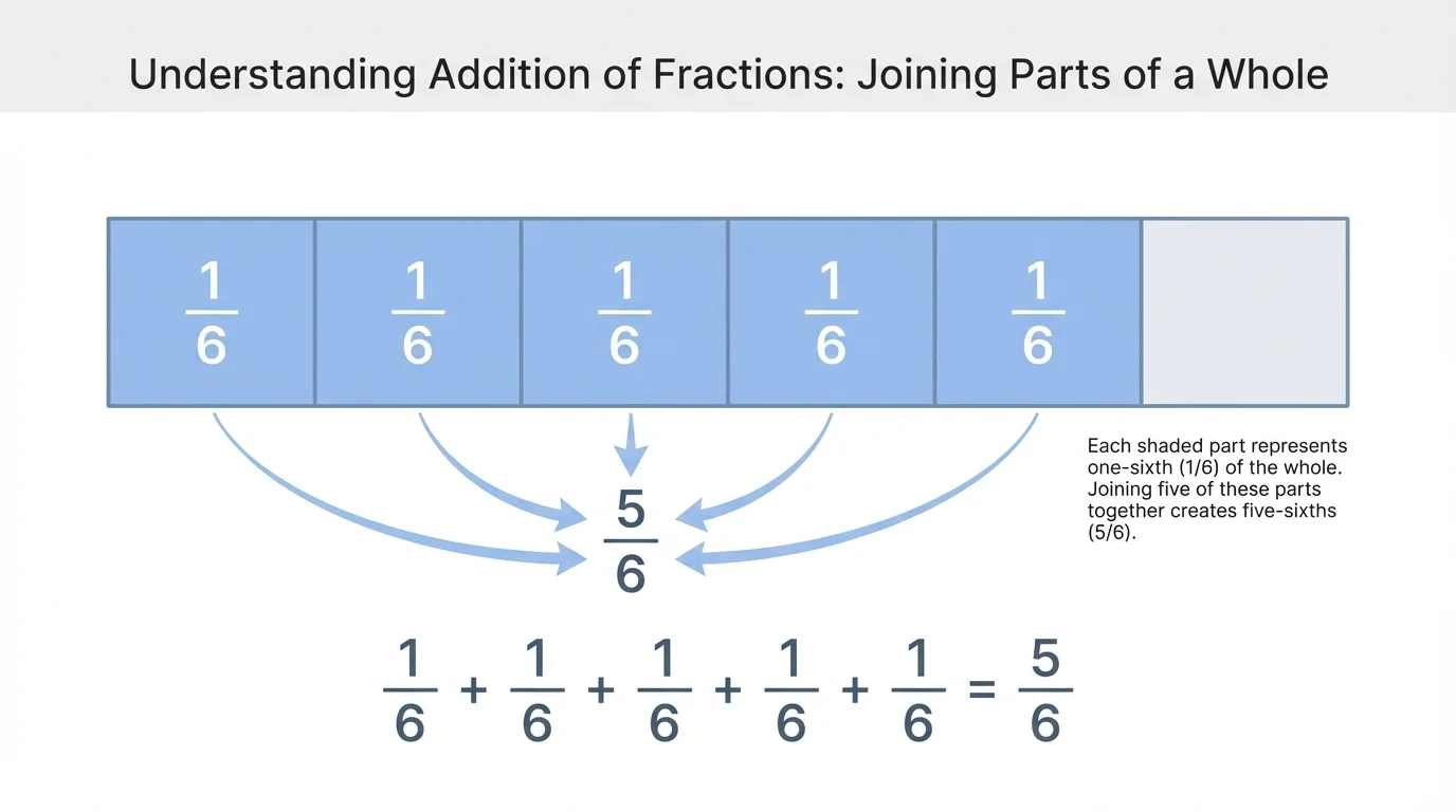 Fraction strip divided into sixths with five parts shaded, labeled as five unit fractions joining to make five-sixths