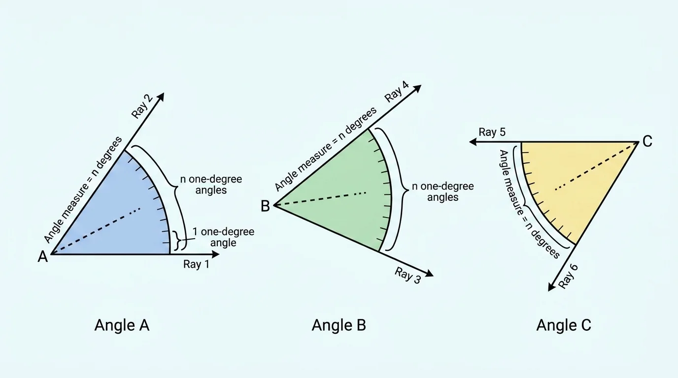 Three angles with equal opening but different ray lengths and orientations