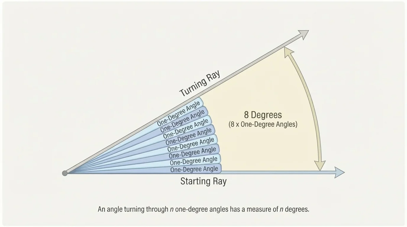 A starting ray and turning ray with small one-degree wedges building up to a larger angle such as 30 degrees