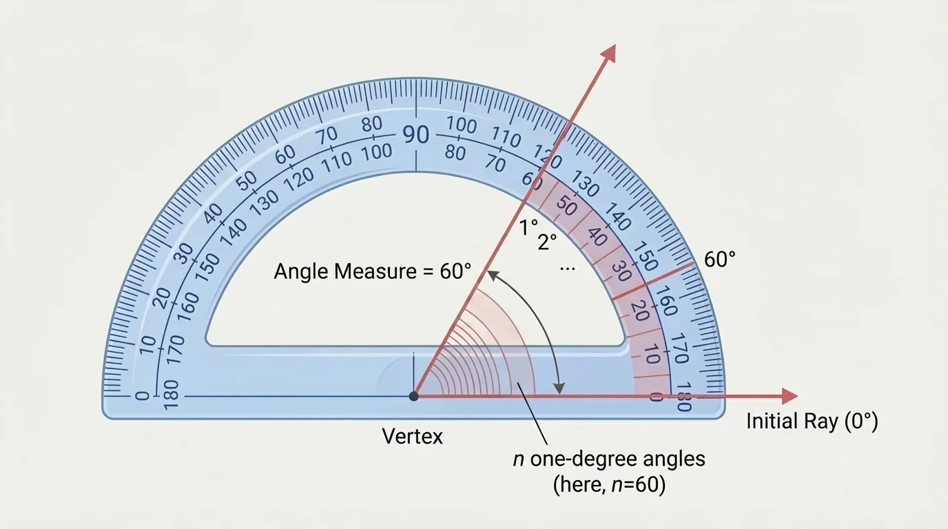 Protractor placed on an angle, vertex centered, one ray on zero, other ray crossing degree marks