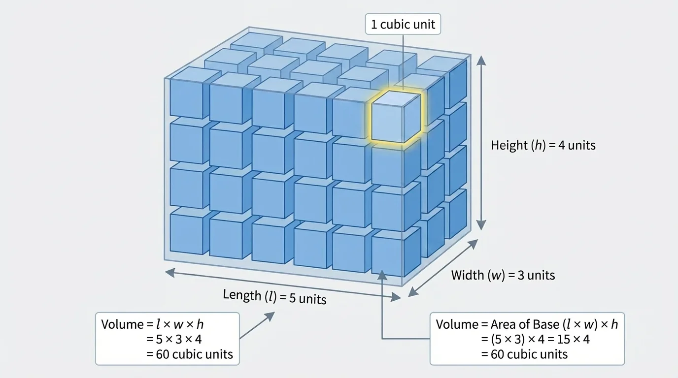 Right rectangular prism filled with unit cubes, with length width and height labeled, and one cube highlighted as 1 cubic unit