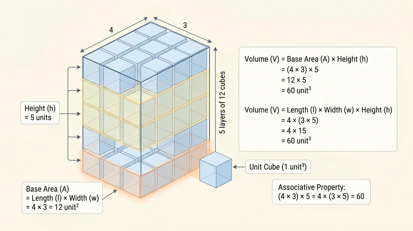 Prism showing one base layer of cubes and several identical stacked layers, with rows and columns on the base highlighted
