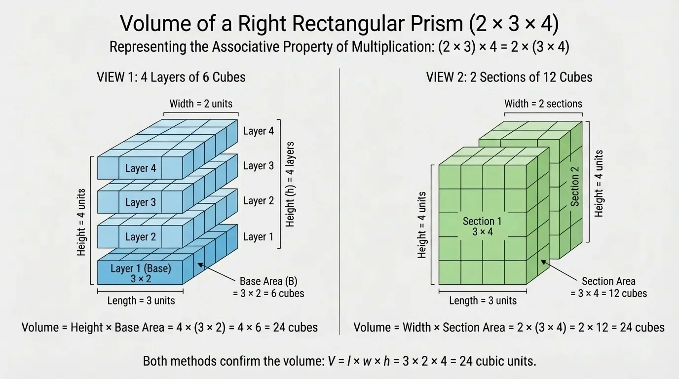 One rectangular prism labeled 2 by 3 by 4, with one view grouped as 4 layers of 6 cubes and another view grouped as 2 sections of 12 cubes