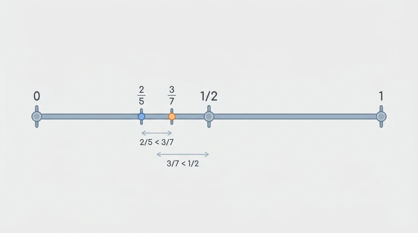 Number line from 0 to 1 with benchmark points 0, one-half, and 1, and points for two-fifths and three-sevenths to compare their sizes