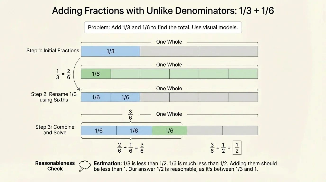 Fraction bars showing one whole divided into thirds and sixths, with one-third renamed as two-sixths and combined with one-sixth