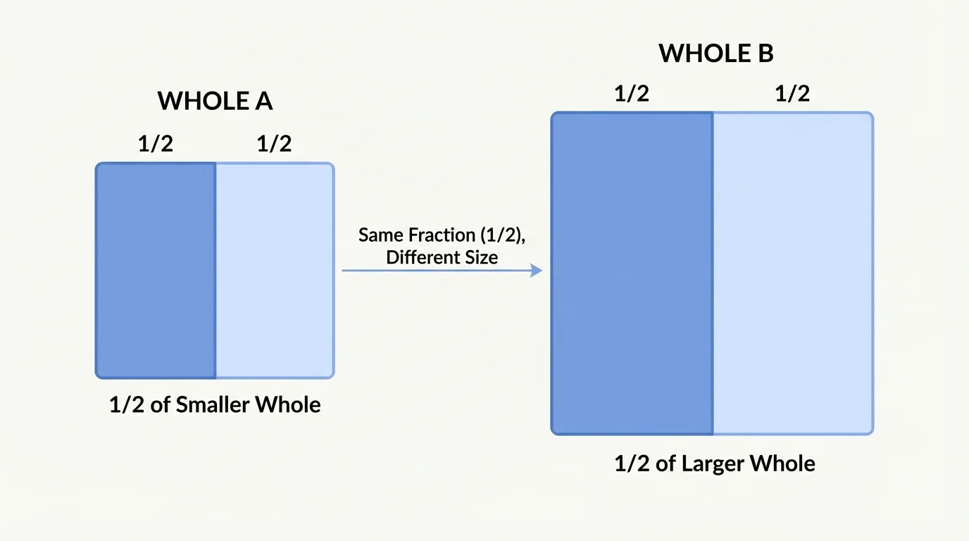 Two rectangles of different sizes, each with one half shaded, to show that one-half depends on the size of the whole