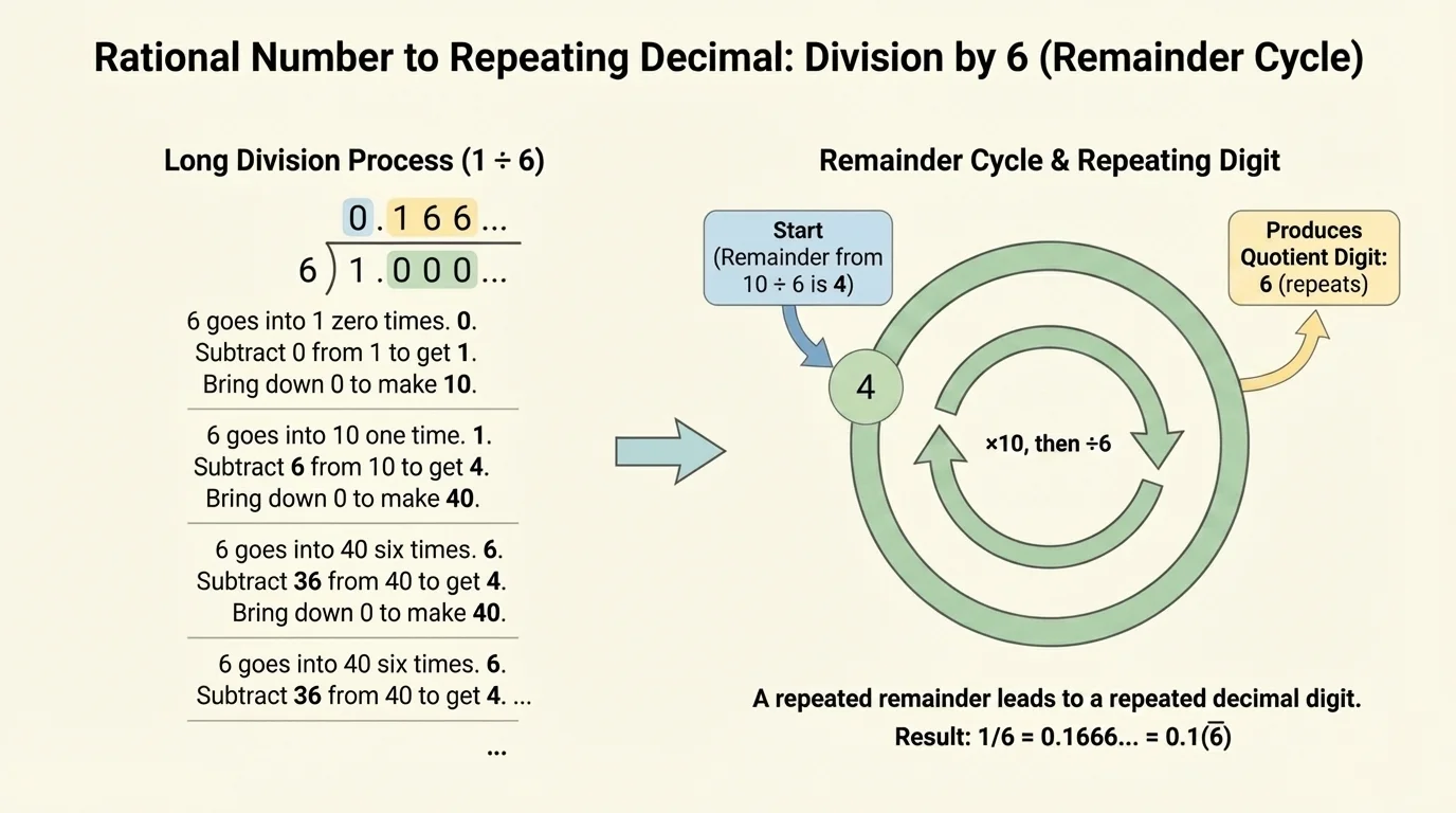 Remainder cycle for division by 6, showing possible remainders and how a repeated remainder leads to repeated decimal digits