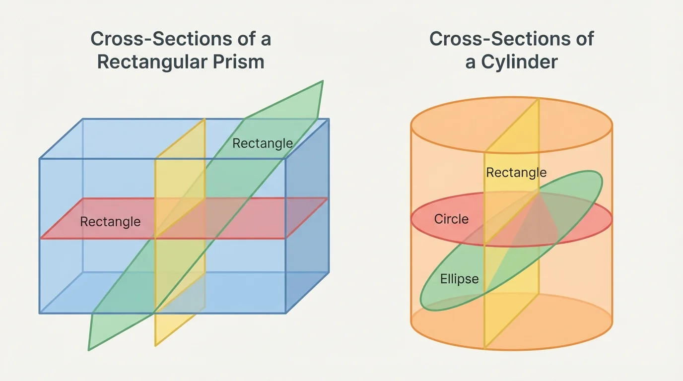 Rectangular prism and cylinder with horizontal, vertical, and slanted slices, each slice labeled by its cross-section shape such as rectangle, circle, and ellipse