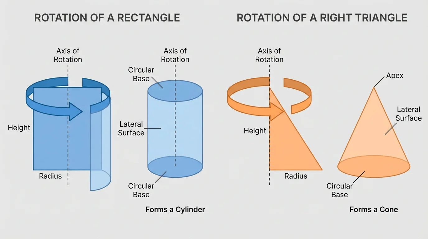 Rectangle and right triangle revolving around one side, with curved arrows showing rotation and resulting cylinder and cone
