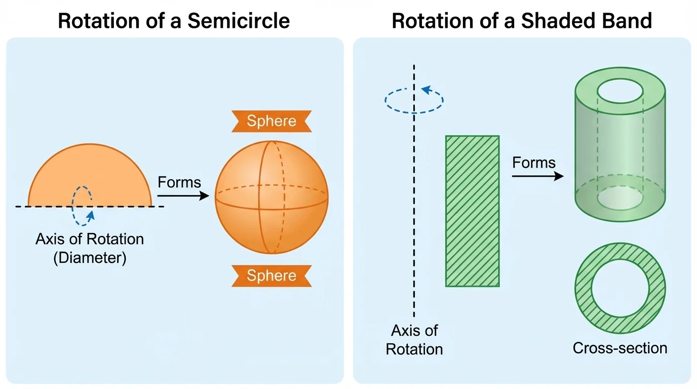 Semicircle revolving about its diameter to form a sphere, alongside a shaded band revolving around an axis to form a hollow cylinder-like solid