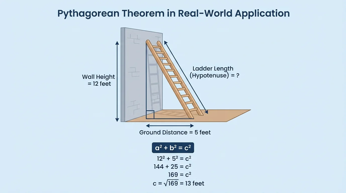 ladder leaning against a wall with vertical height 12 feet, horizontal distance 5 feet, and ladder as the slanted side