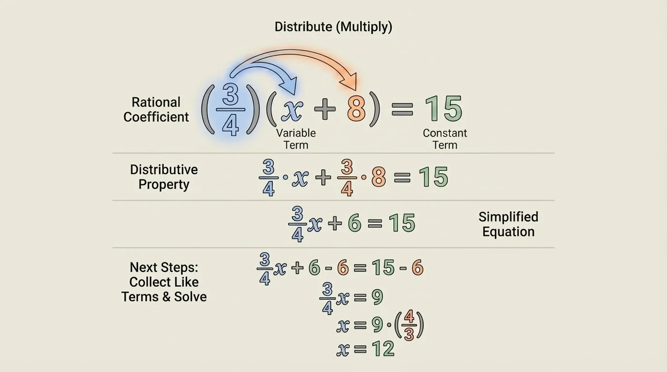 visual distribution model showing a rational coefficient outside parentheses multiplying each term inside, with arrows from the factor to both terms