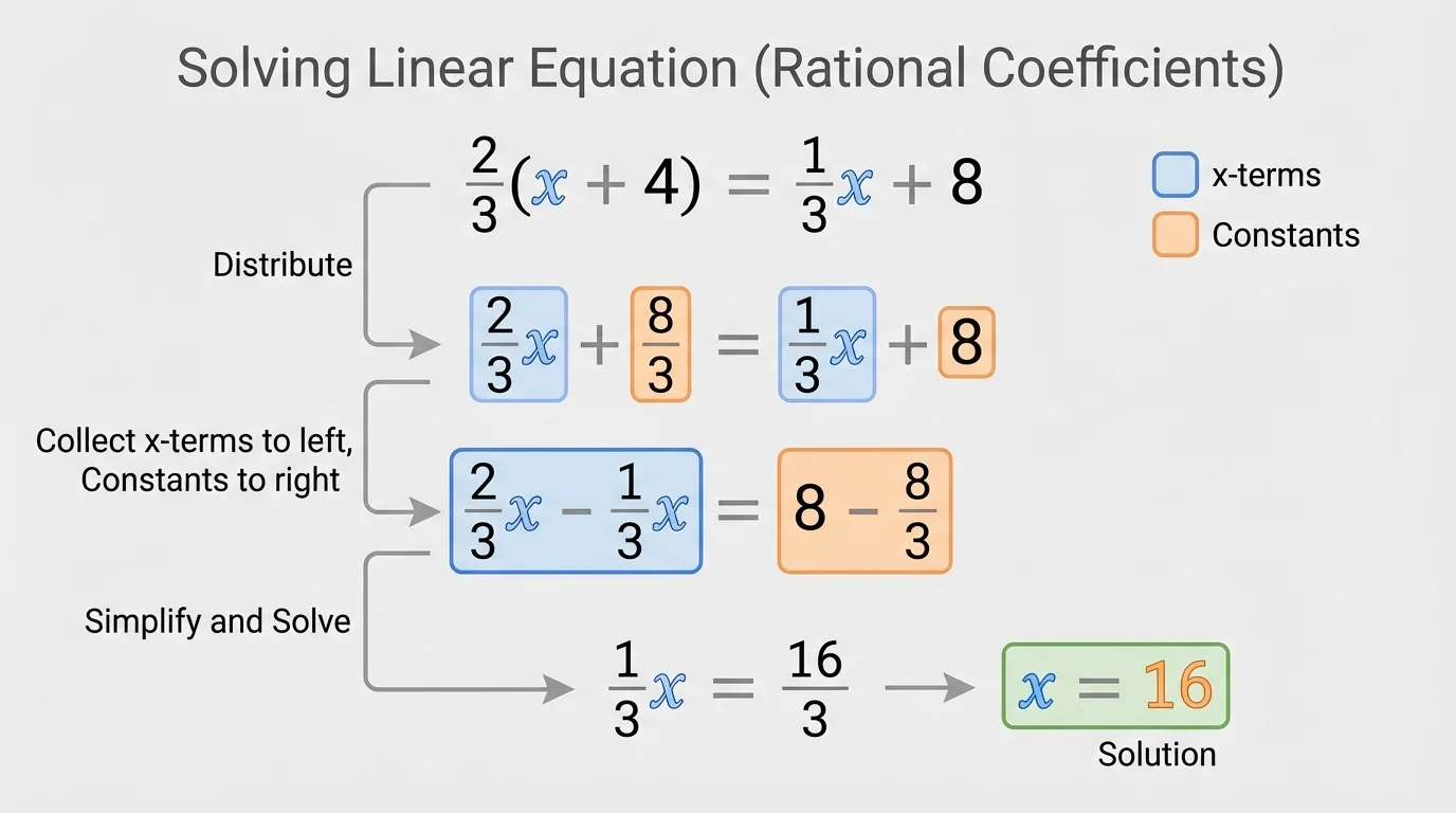 color-coded grouping of algebra terms showing x-terms collected on one side and constants on the other side of an equation