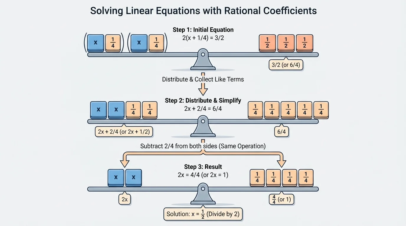 balance scale with algebra tiles representing x-terms and constants on both sides, showing the same operation performed on both sides to keep equality balanced