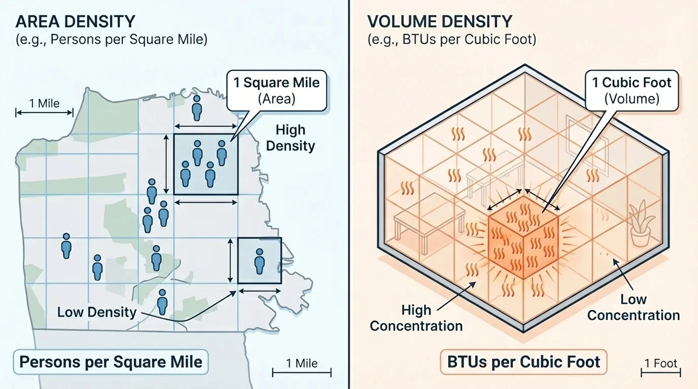 Side-by-side comparison of area density and volume density, with a top-view map region divided into square units containing people dots and a 3D room divided into cubic units representing heat energy concentration