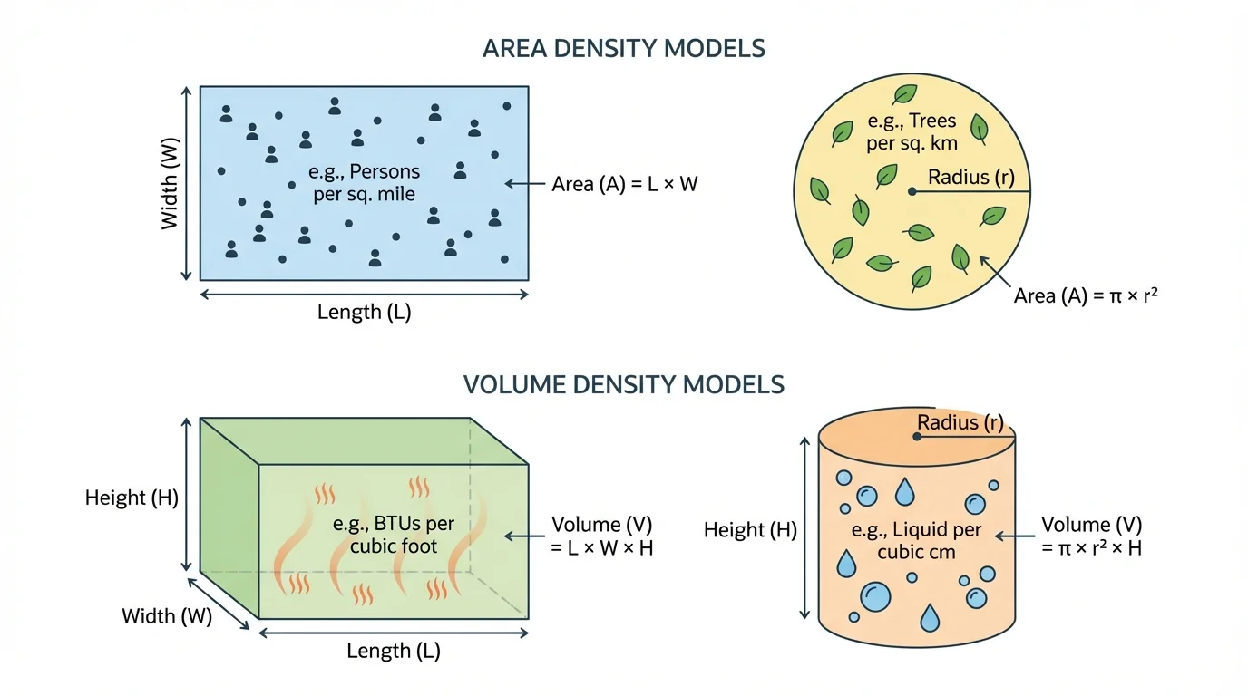 Labeled geometric models for density calculations showing a rectangle and circle for area, and a rectangular prism and cylinder for volume, each with dimensions marked