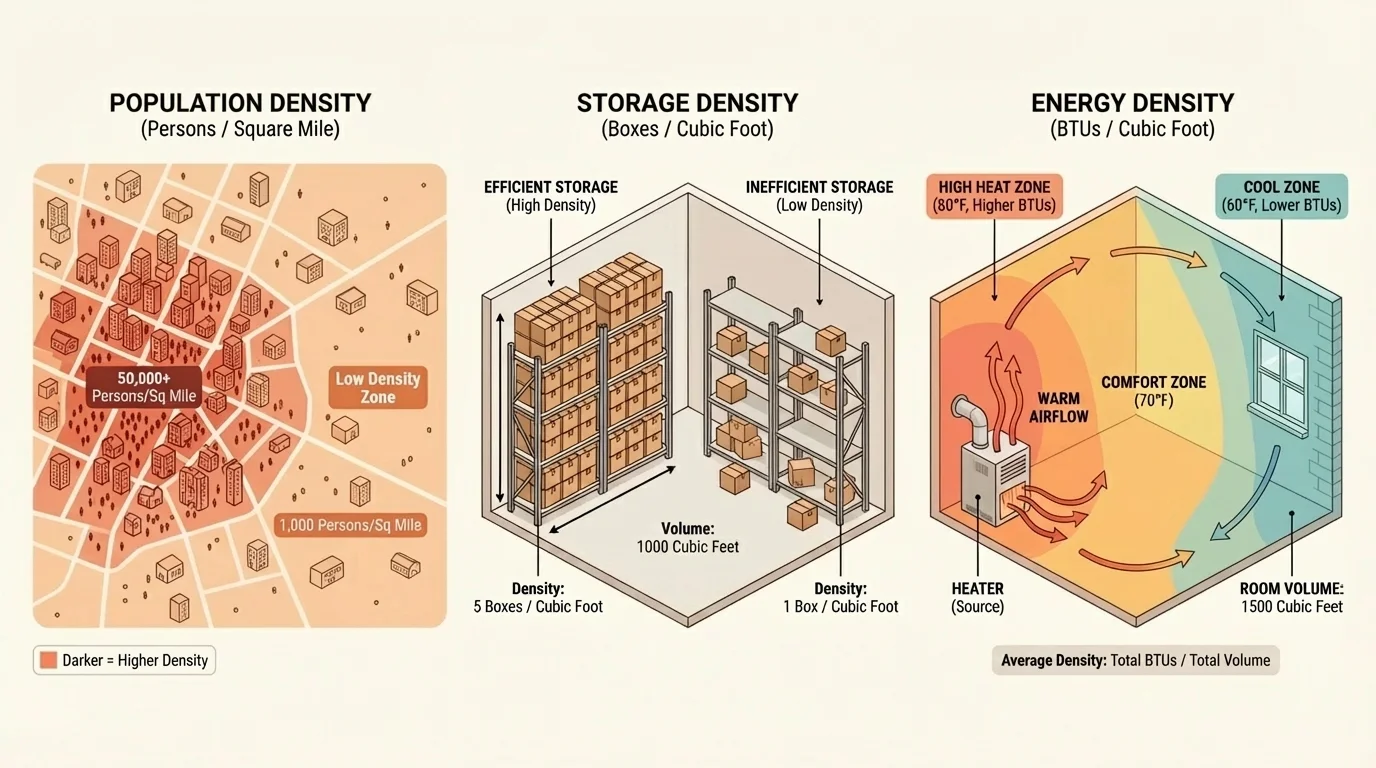 Split real-world scene showing a shaded city map for population density, a warehouse filled with stacked boxes for storage density, and an indoor room with airflow and heating zones for BTUs per cubic foot