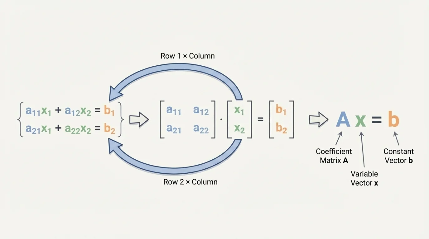 Row-by-column multiplication for a 2-by-2 matrix and 2-by-1 variable vector, with arrows showing the first row makes the first equation and the second row makes the second equation