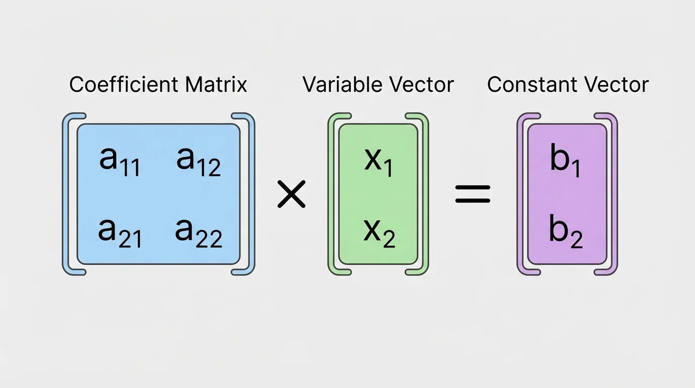Labeled layout of a 2-by-2 coefficient matrix multiplied by a 2-by-1 variable vector equaling a 2-by-1 constant vector, with parts named coefficient matrix, variable vector, and constant vector