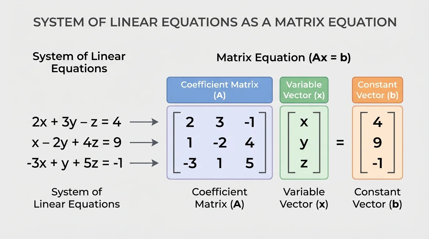 Three equations aligned in columns for x, y, and z, next to the matching 3-by-3 coefficient matrix, 3-by-1 variable vector, and 3-by-1 constant vector