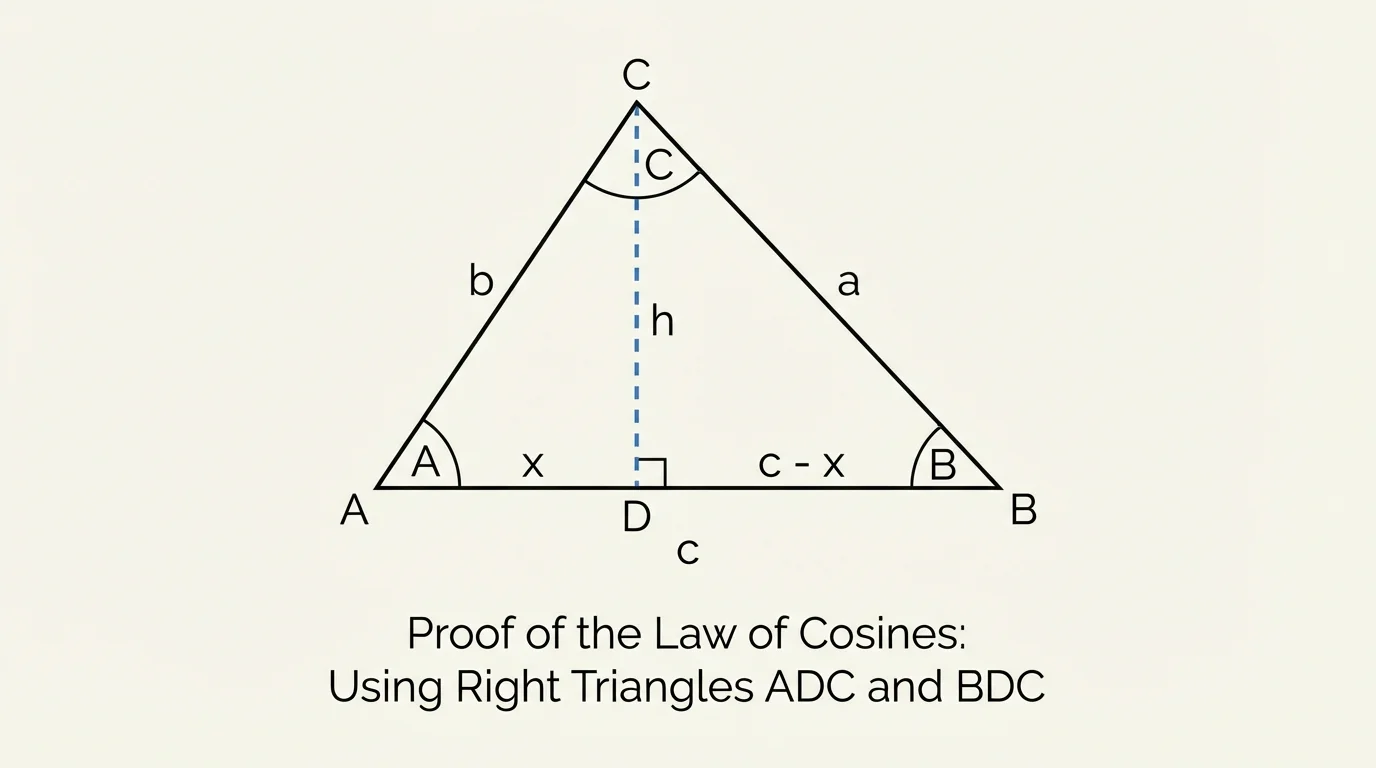 Triangle with side c opposite angle C, altitude to side c, and base split into two segments to show how right-triangle relationships lead to the cosine formula