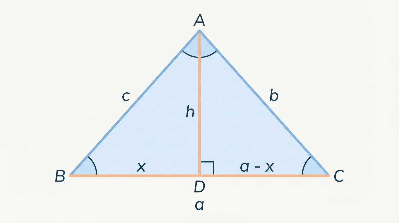 Triangle labeled A, B, C with sides a, b, c and an altitude from angle A to side a, splitting the triangle into two right triangles