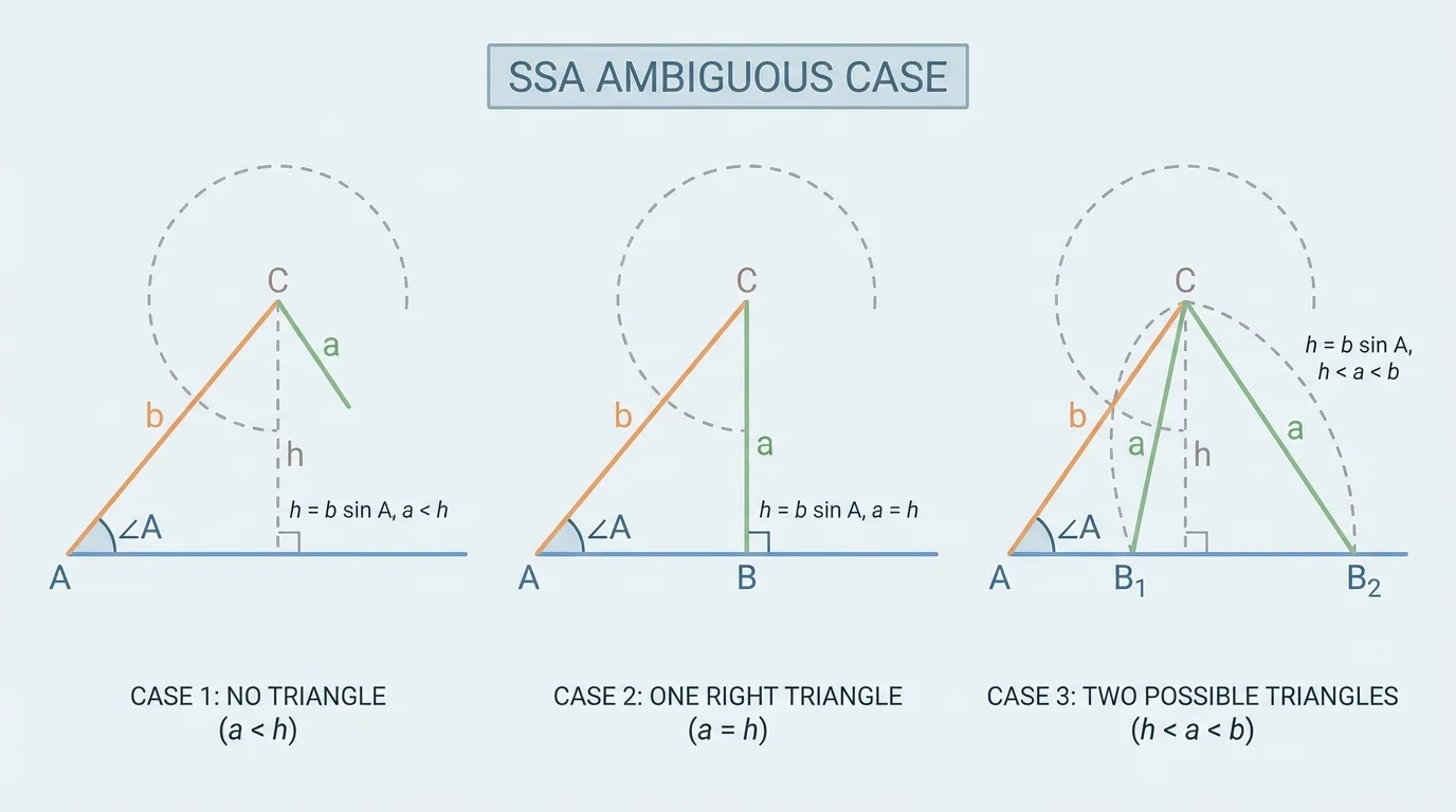 Three side-by-side sketches of the SSA ambiguous case showing no triangle, one right triangle or one triangle, and two possible triangles from the same given side and angle setup
