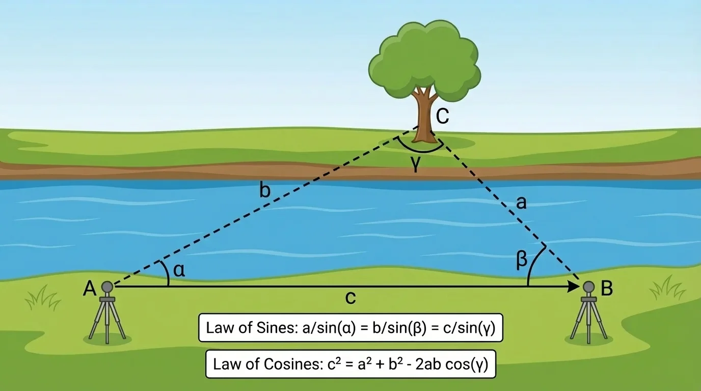 Surveying scene with two observation points on one riverbank, a tree across the river, baseline marked, and measured sight angles forming a triangle