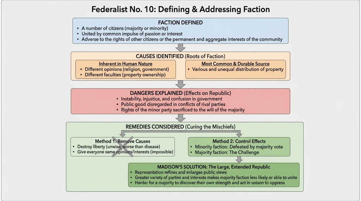 Flowchart of Federalist No. 10 showing faction defined, causes identified, dangers explained, and remedies considered in a large republic