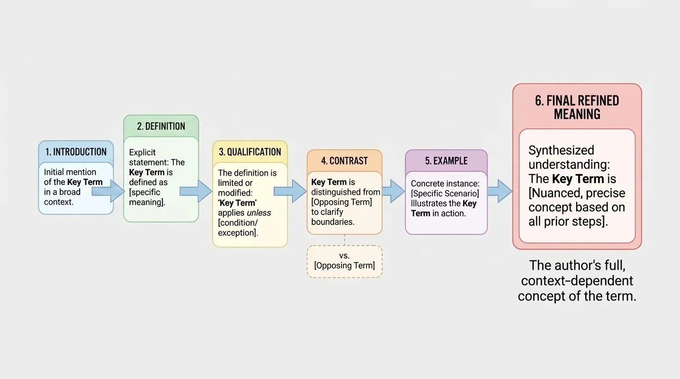 Flowchart tracing a key term through a text from introduction to definition, qualification, contrast, example, and final refined meaning