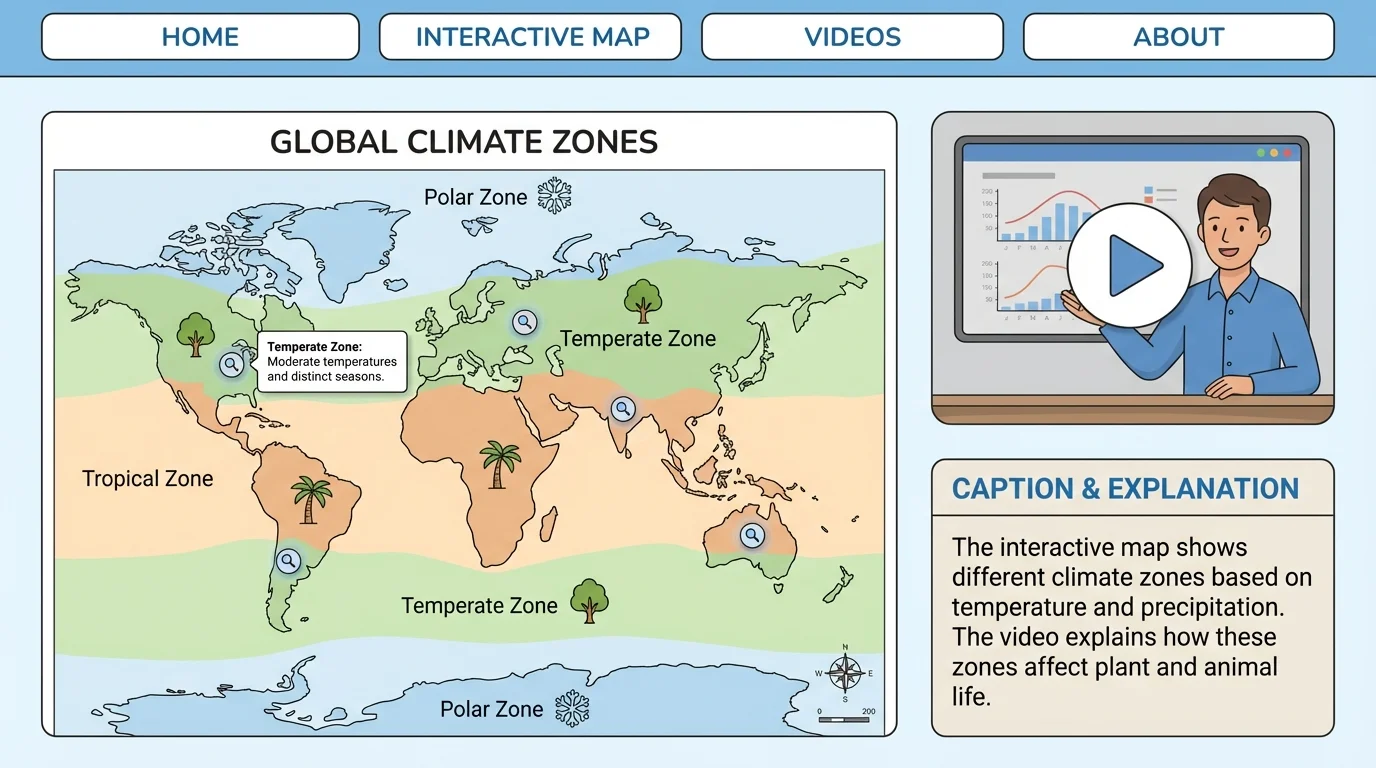 illustration of a kid-friendly web page with navigation tabs, interactive map, video play button, and caption area