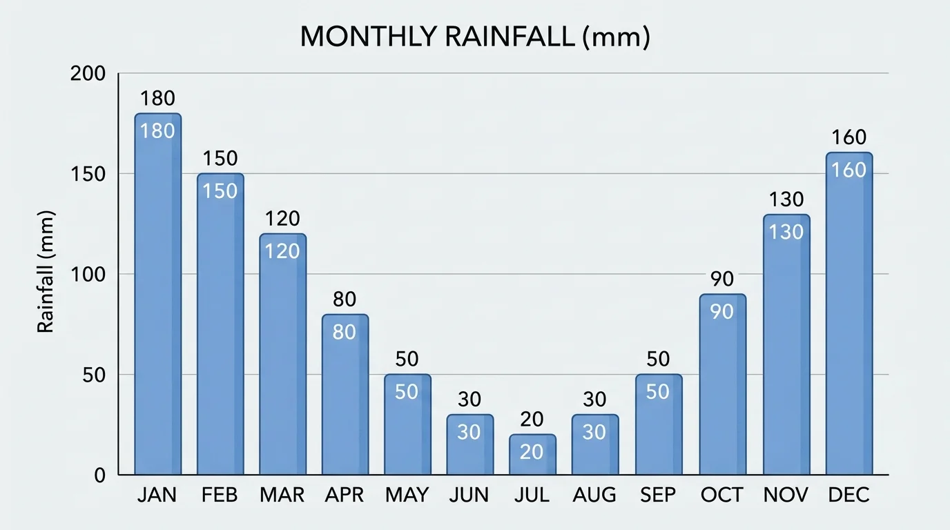 graph of monthly rainfall with labeled months and bars increasing and decreasing