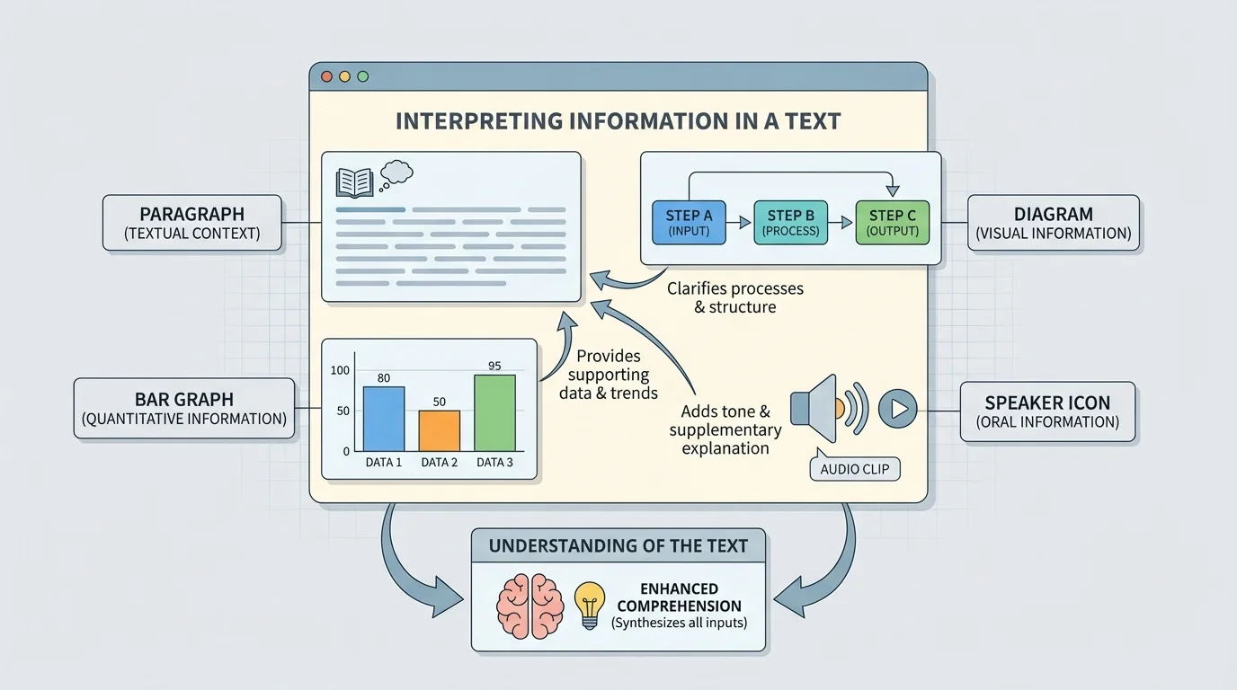 chart showing a page with a paragraph, diagram, bar graph, and speaker icon labeled visual, oral, and quantitative information