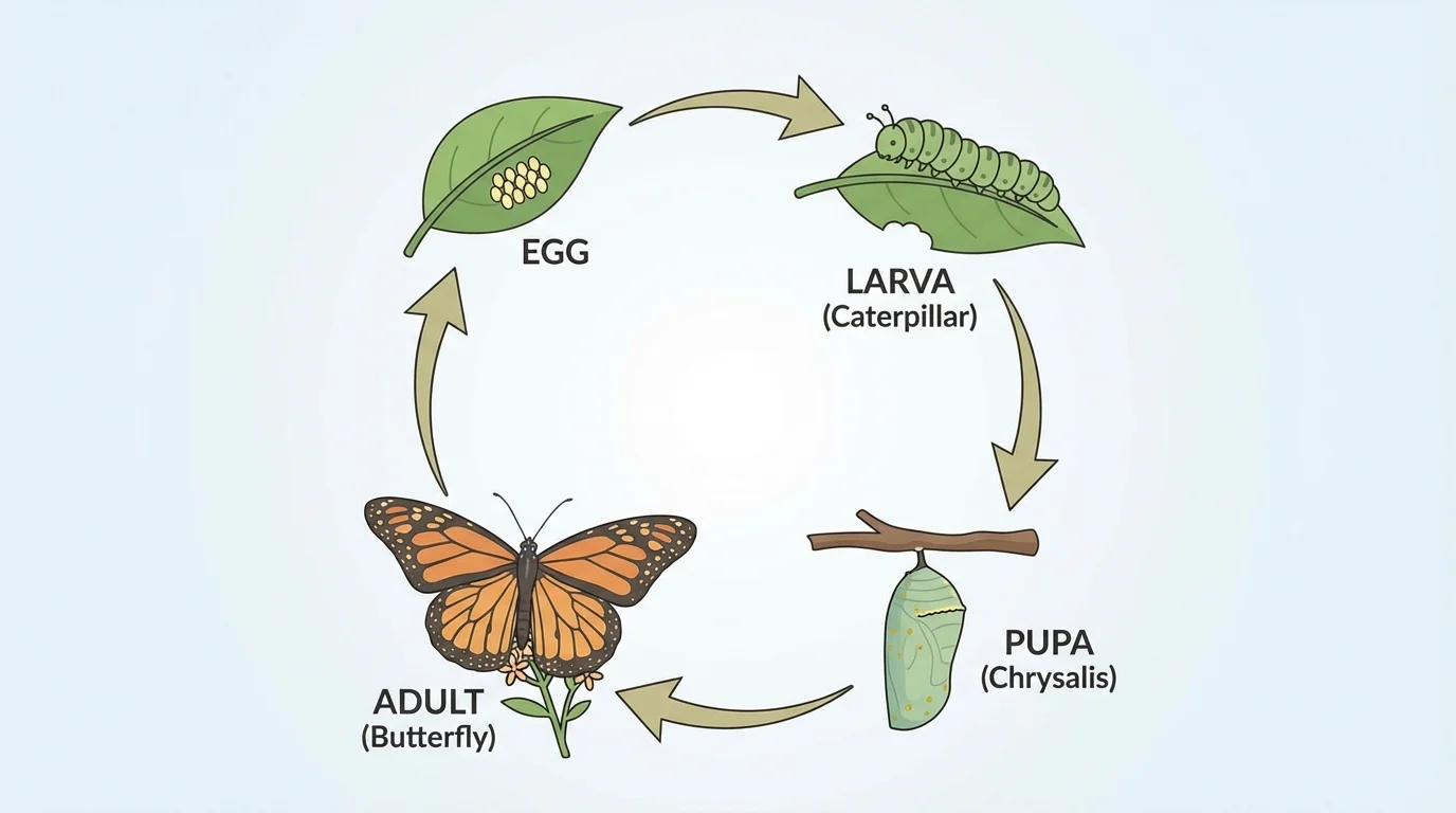 diagram of a butterfly life cycle with arrows between egg, caterpillar, chrysalis, and butterfly