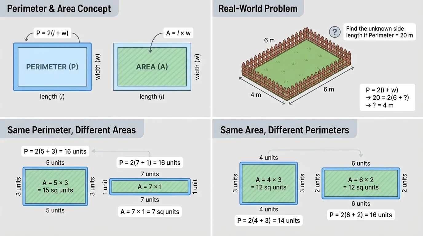 Rectangle with border highlighted for perimeter and inside shaded for area