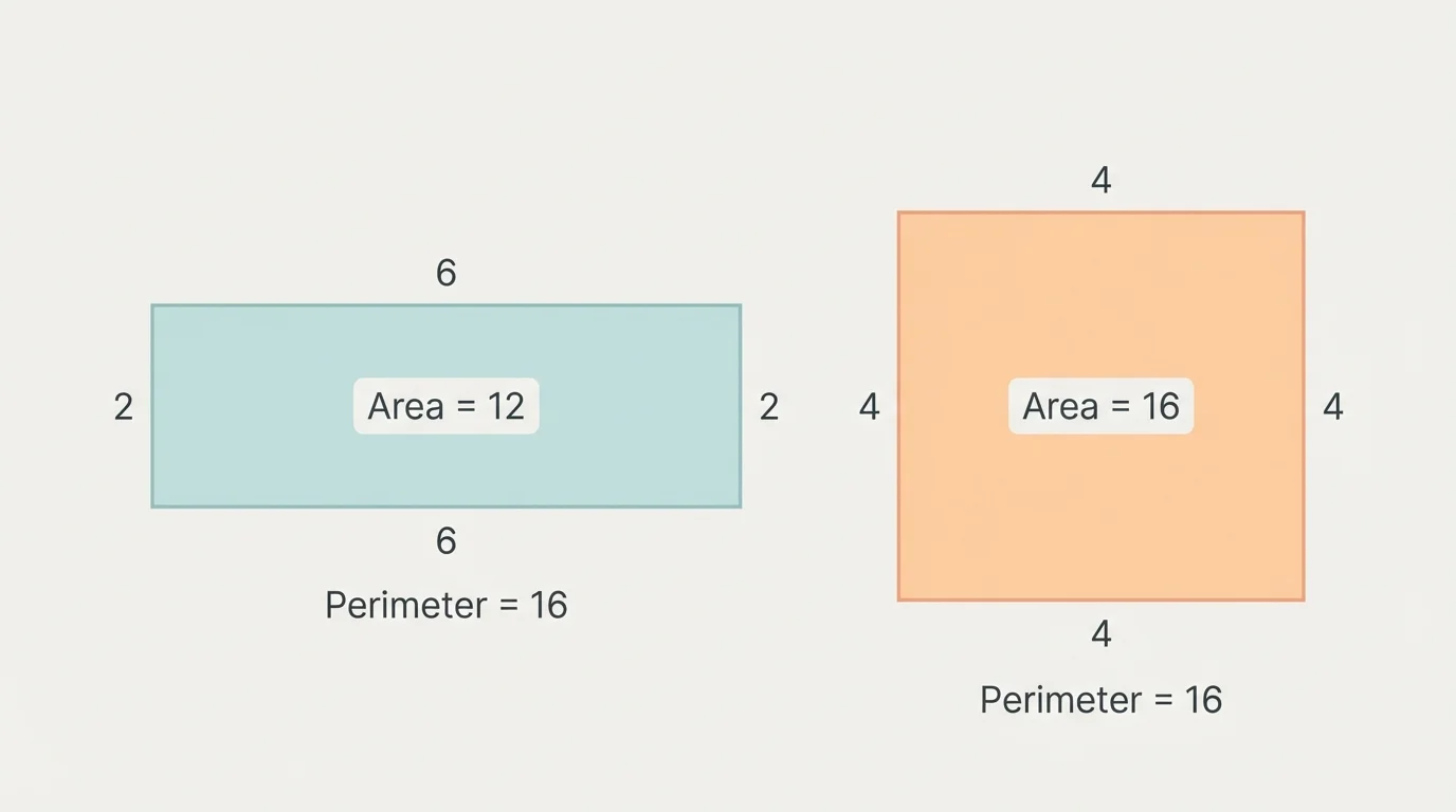 Side-by-side rectangles labeled 6 by 2 and 4 by 4, both with perimeter 16, interiors shaded