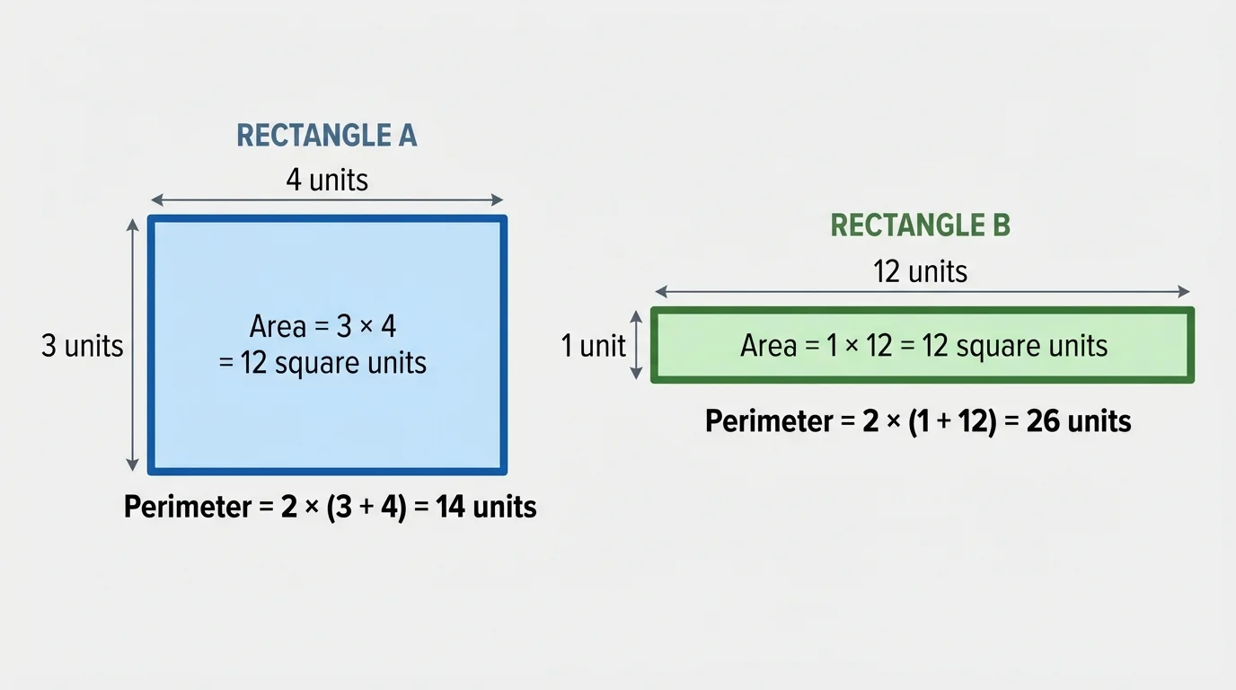 Side-by-side rectangles labeled 3 by 4 and 1 by 12, both with area 12, borders emphasized