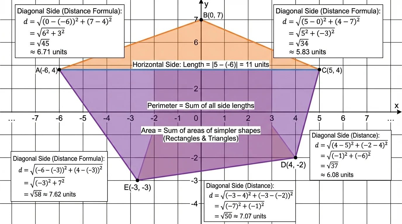 Coordinate plane with a pentagon labeled by vertices, horizontal, vertical, and diagonal sides highlighted in different styles
