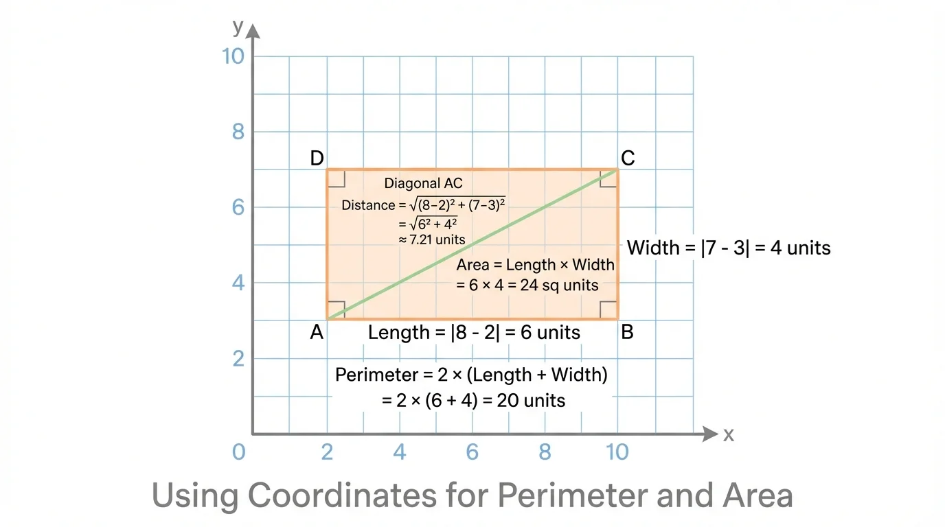 Rectangle on a coordinate plane labeled A, B, C, D with diagonal AC drawn, opposite sides and right angles visually apparent