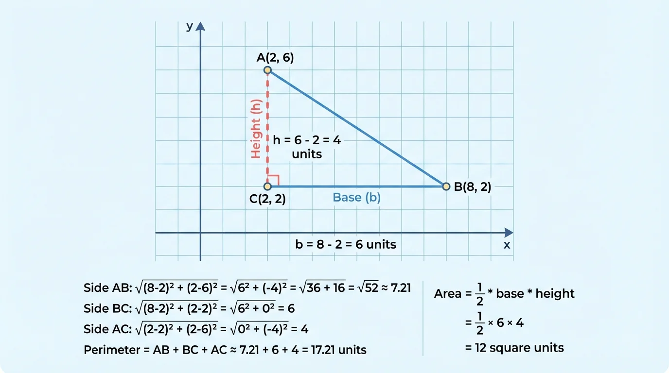 Coordinate plane with triangle vertices labeled and a perpendicular height segment from one vertex to the chosen base or its extension