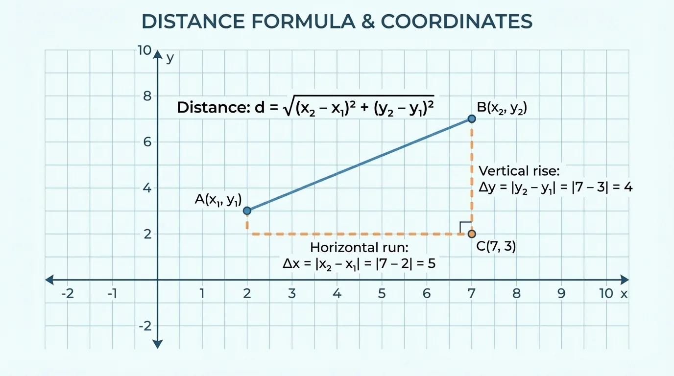 Coordinate plane with points A and B, dashed horizontal and vertical legs forming a right triangle, showing horizontal run and vertical rise visually